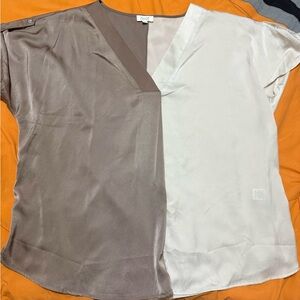 ODDY Two-Tone V-Neck Blouse in Taupe and Ivory